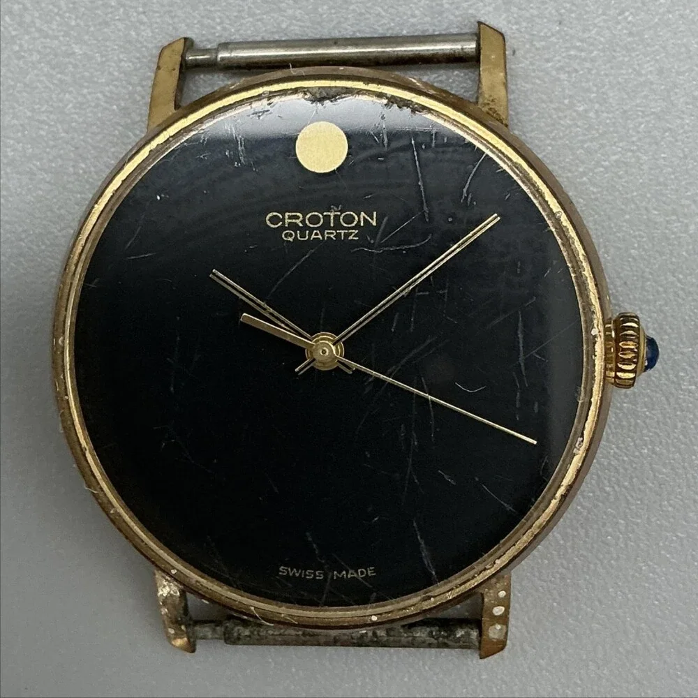 Vintage Croton Mens Watch 33mm Black Dial Gold Tone Swiss Not Running For Parts